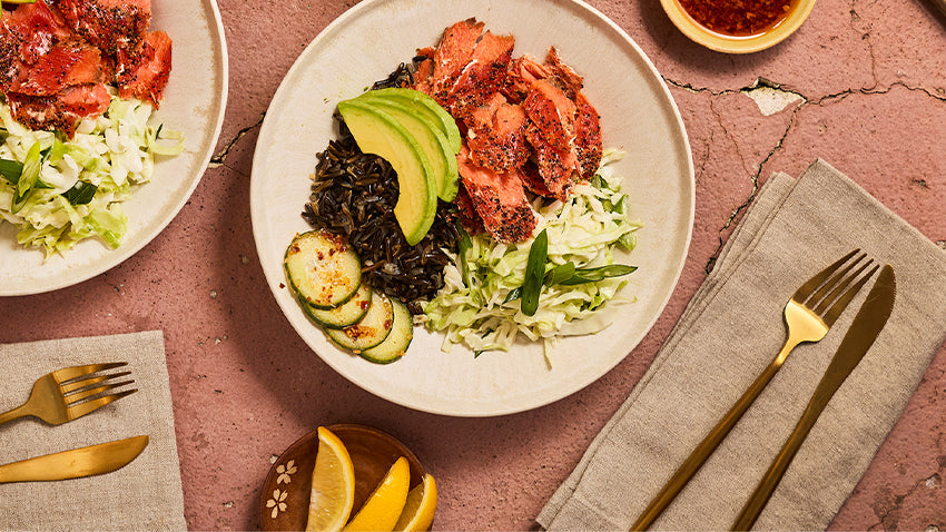 Smoked Salmon Rice Bowl with Creamy Cabbage Slaw