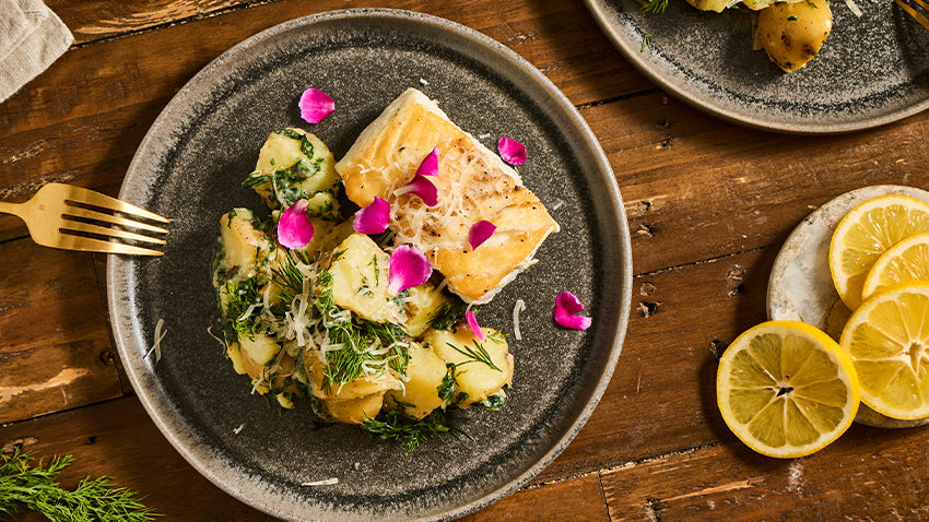 Warm Potato & Chard Salad with Baked Halibut