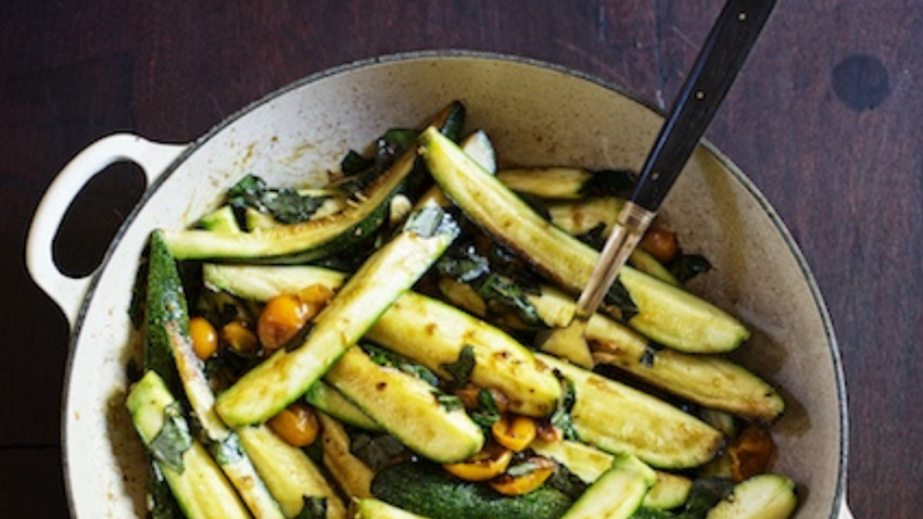 Braised Zucchini with Sun Gold Cherry Tomatoes & Basil