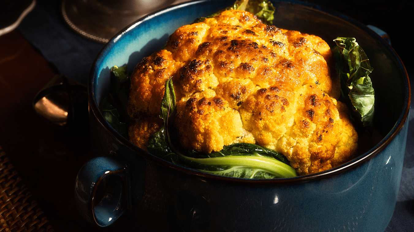 Golden Orange Cauliflower with Zesty Lemon-Pepper Tahini and Toasted Almonds - Lettuce Grow