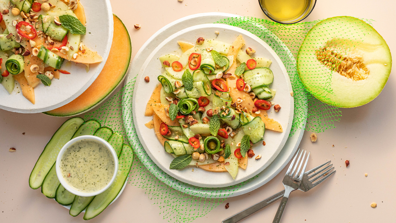 Cucumber Melon Salad with Lemon Mint Dressing - Lettuce Grow