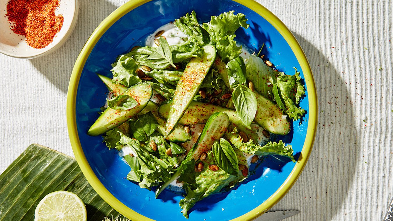 Tajin Cucumbers & Summer Lettuce with Coconut Yogurt - Lettuce Grow