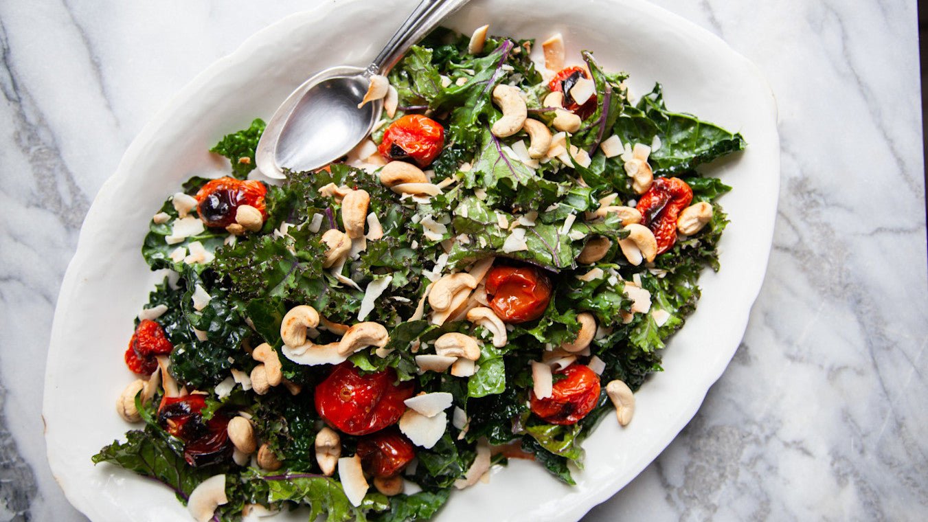 Kale Salad with Burst Tomatoes, Toasted Coconut & Cashews - Lettuce Grow
