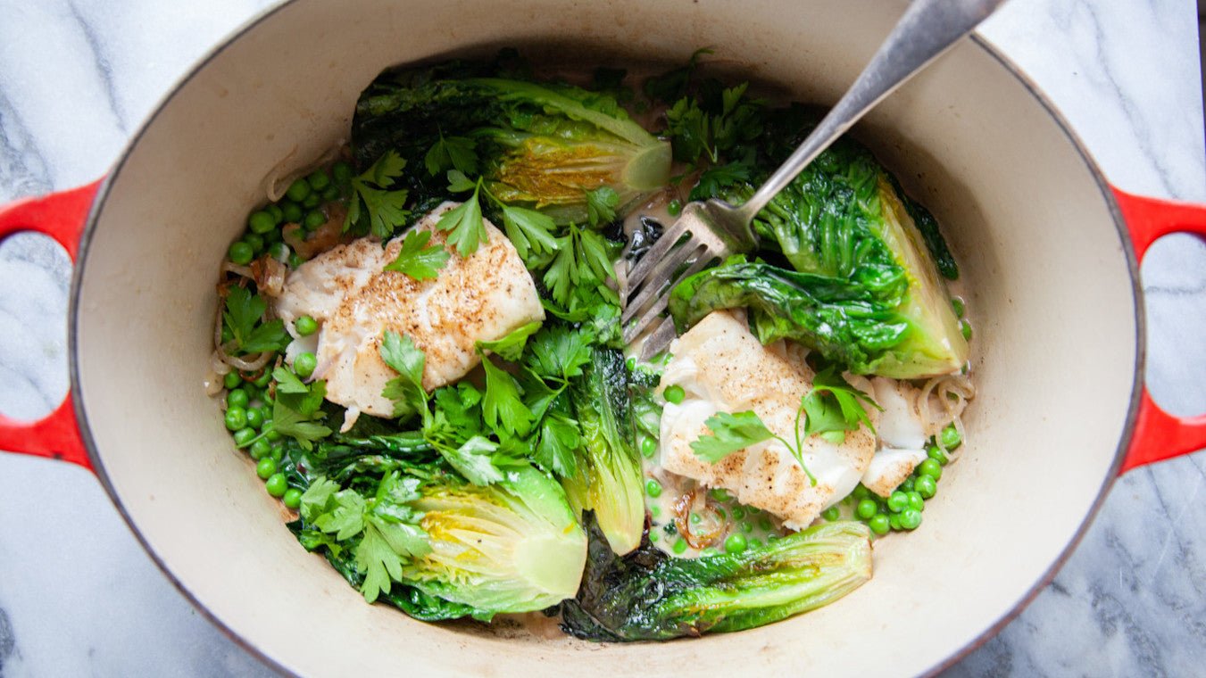 Hake With Braised Lettuces & Sweet Peas - Lettuce Grow