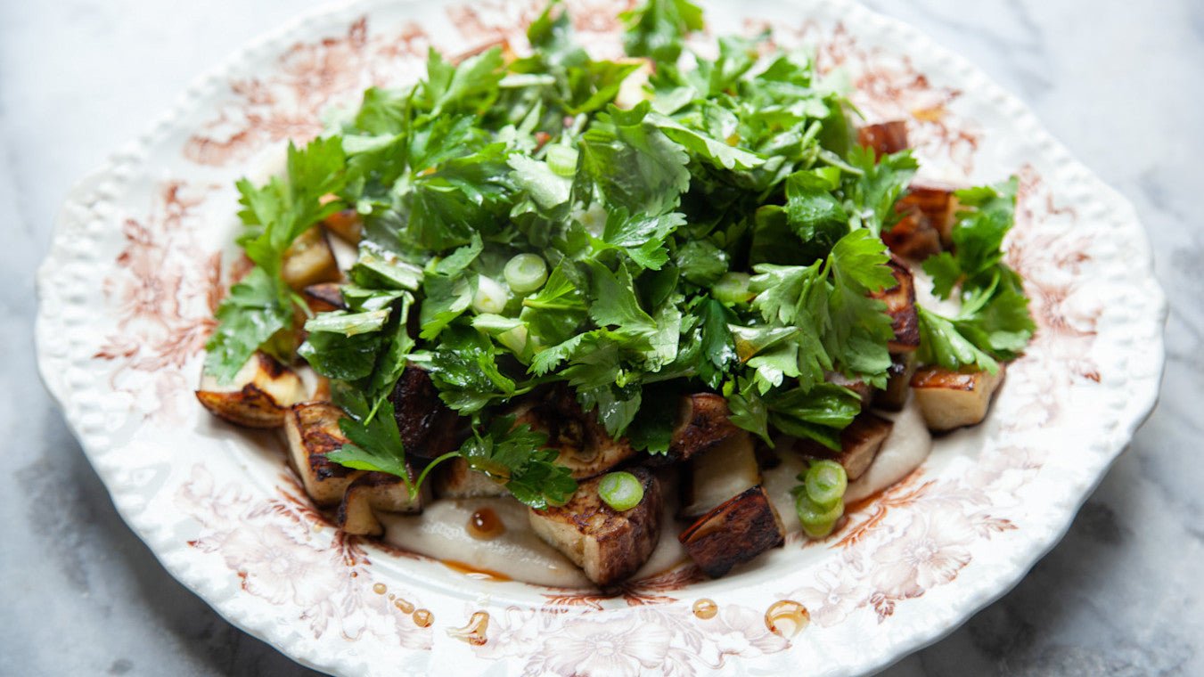 Roasted Eggplant with Cashew Sauce & Herb Salad - Lettuce Grow
