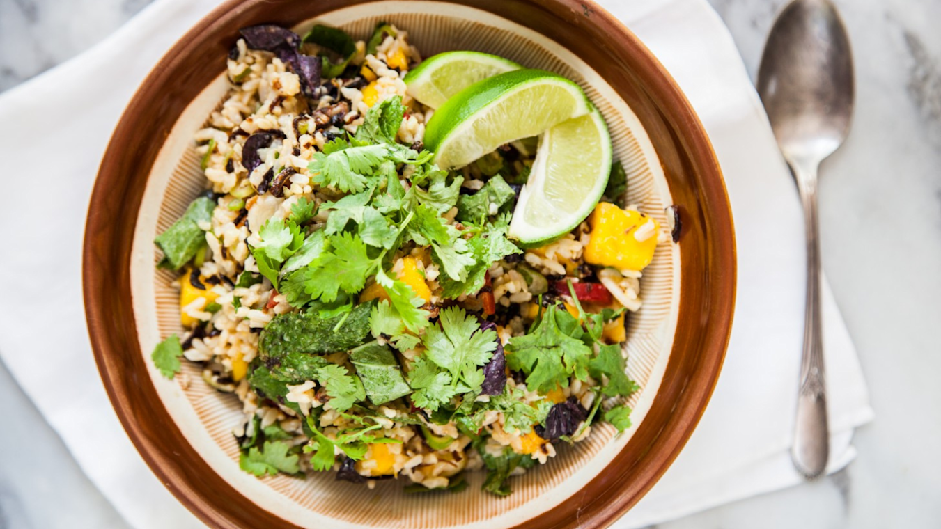 Mango & Brown Rice Salad with Herbs & Fried Shallots - Lettuce Grow