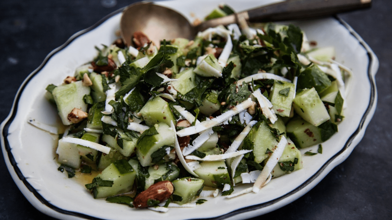 Cucumber Salad with Almond Picada, Feta & Honey - Lettuce Grow