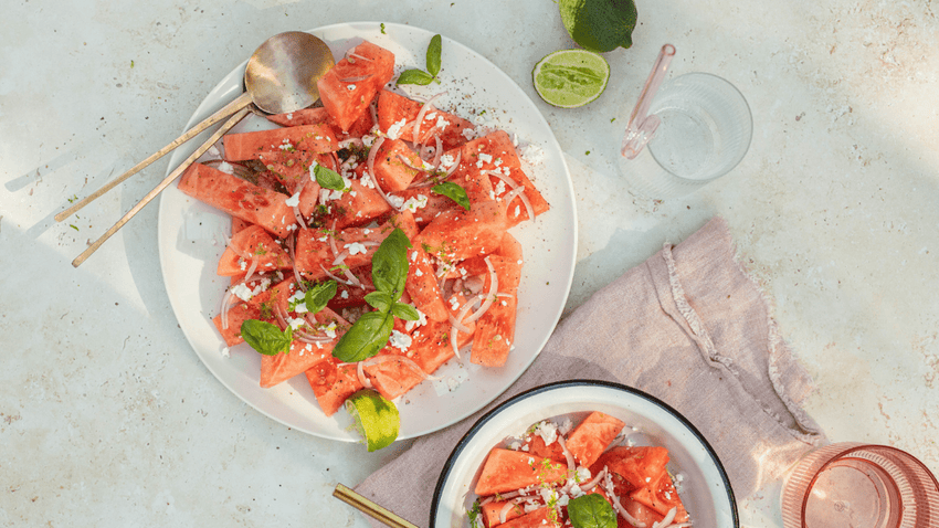 Watermelon, Basil, Red Onion, and Feta Salad - Lettuce Grow