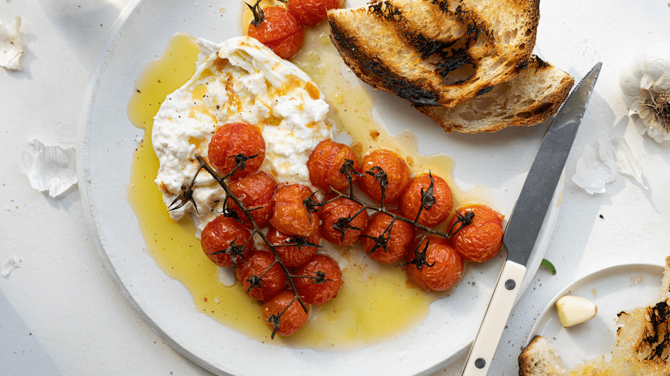Roasted Cherry Tomato with Burrata and Garlic Toast - Lettuce Grow