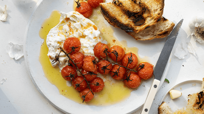 Roasted Cherry Tomato with Burrata and Garlic Toast - Lettuce Grow