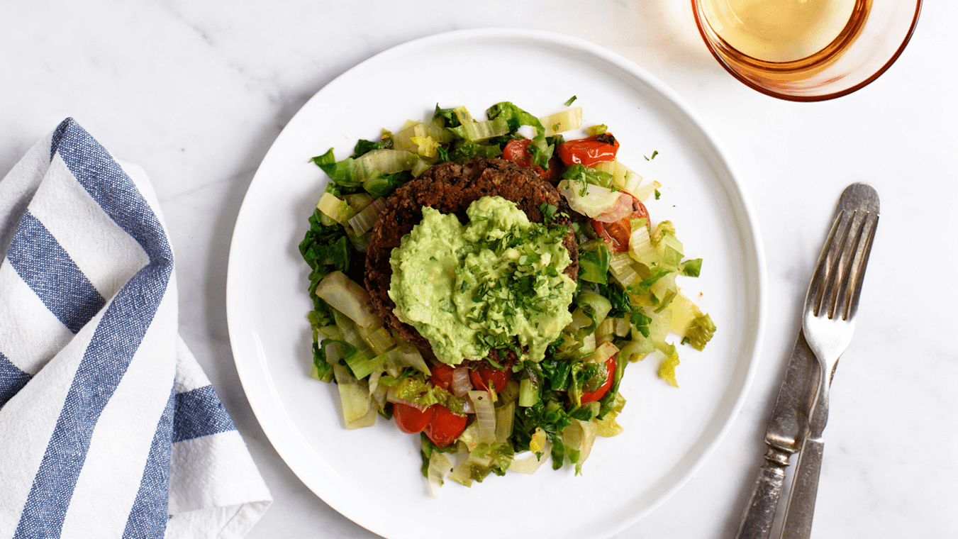 Vegan Black Bean Burgers with Guacamole and Charred Romaine Salad - Lettuce Grow