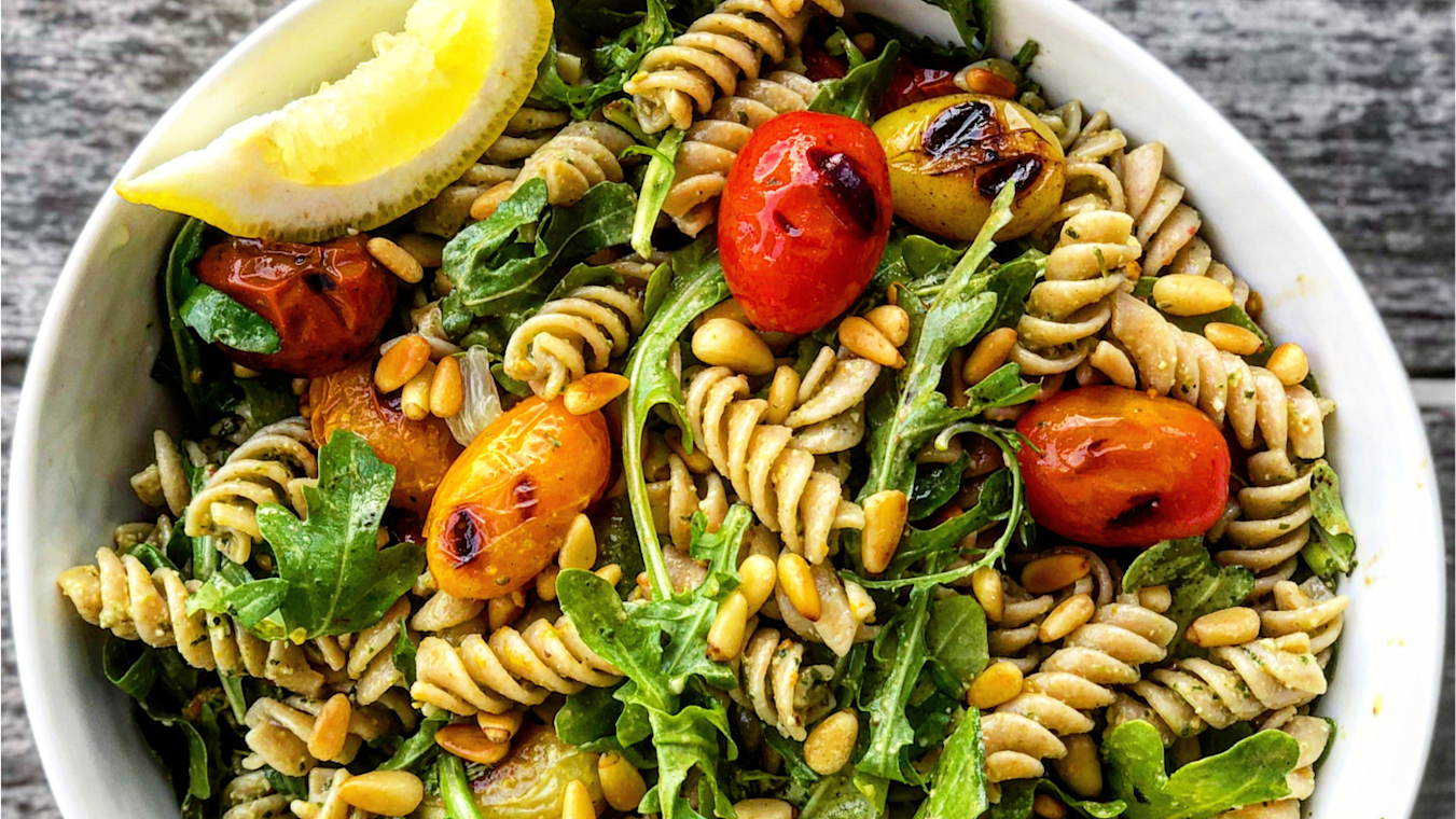 Plant-Based Pesto Pasta Salad with Grilled Grape Tomatoes - Lettuce Grow