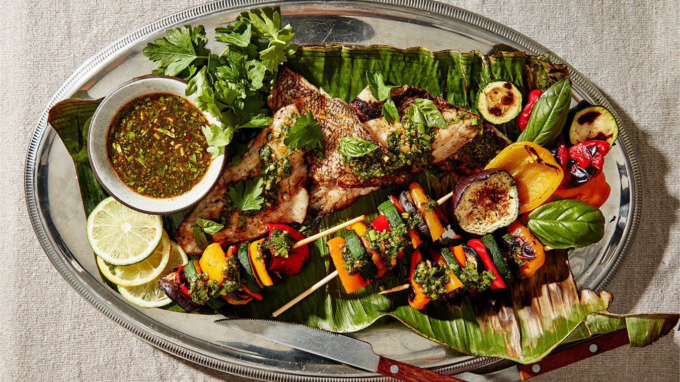 Sea Bass in Banana Leaf with Skewered Summer Vegetables - Lettuce Grow